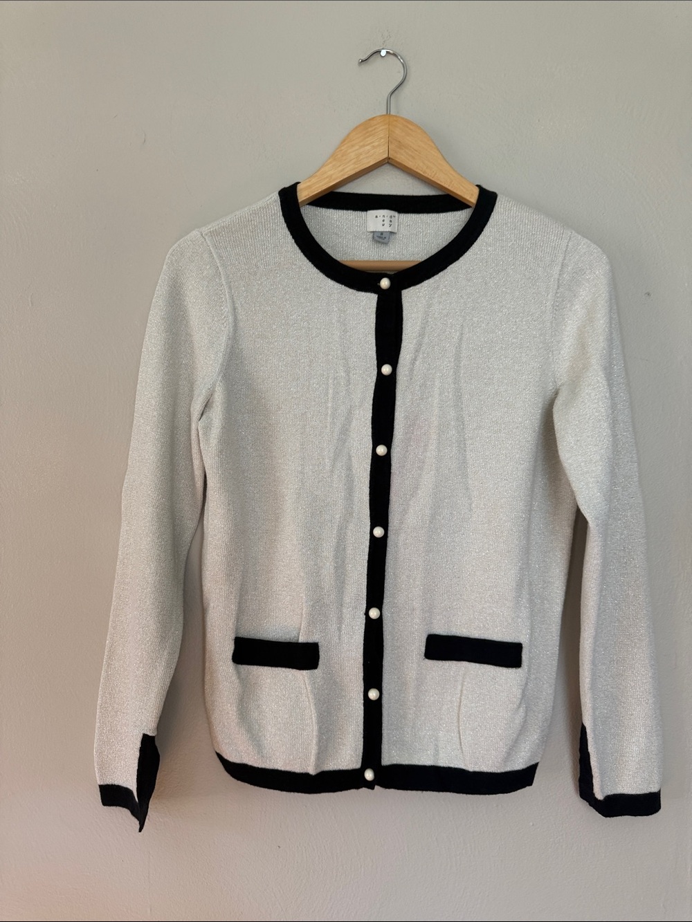 A New Day Cream Cardigan with Black Trim and Pearl Buttons small